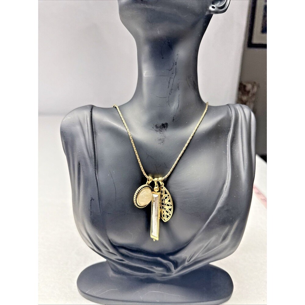 Gold Tone Multi Charm Pendant Necklace Faux Stone Filigree Leaf 32" Unsigned